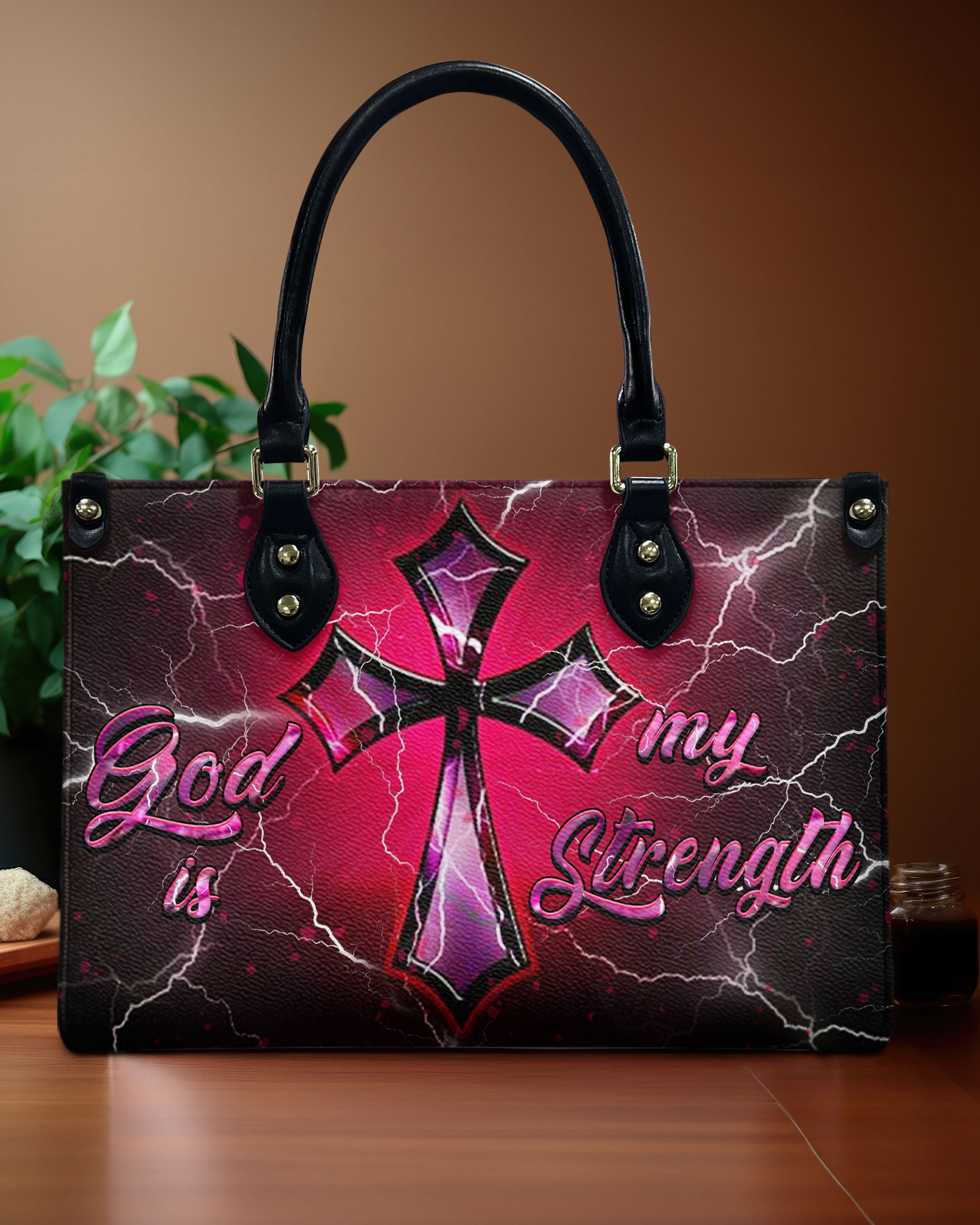 God Is My Strength Leather Handbag - Yhhn2009246