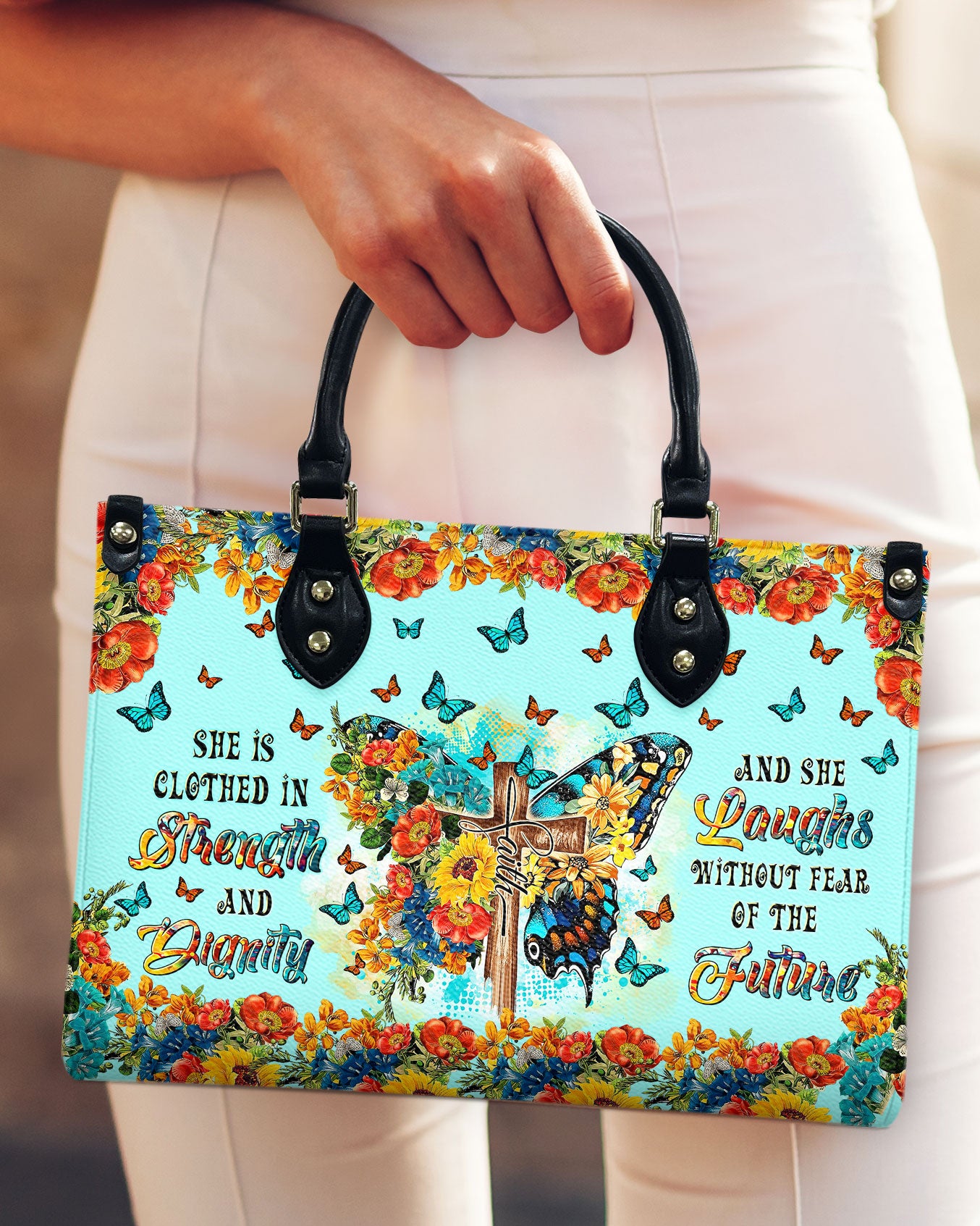 She Is Clothed In Strength And Dignity Butterfly Leather Handbag - Tltr2211244