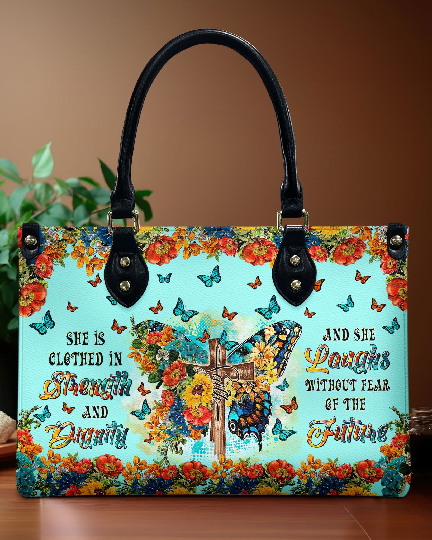 She Is Clothed In Strength And Dignity Butterfly Leather Handbag - Tltr2211244