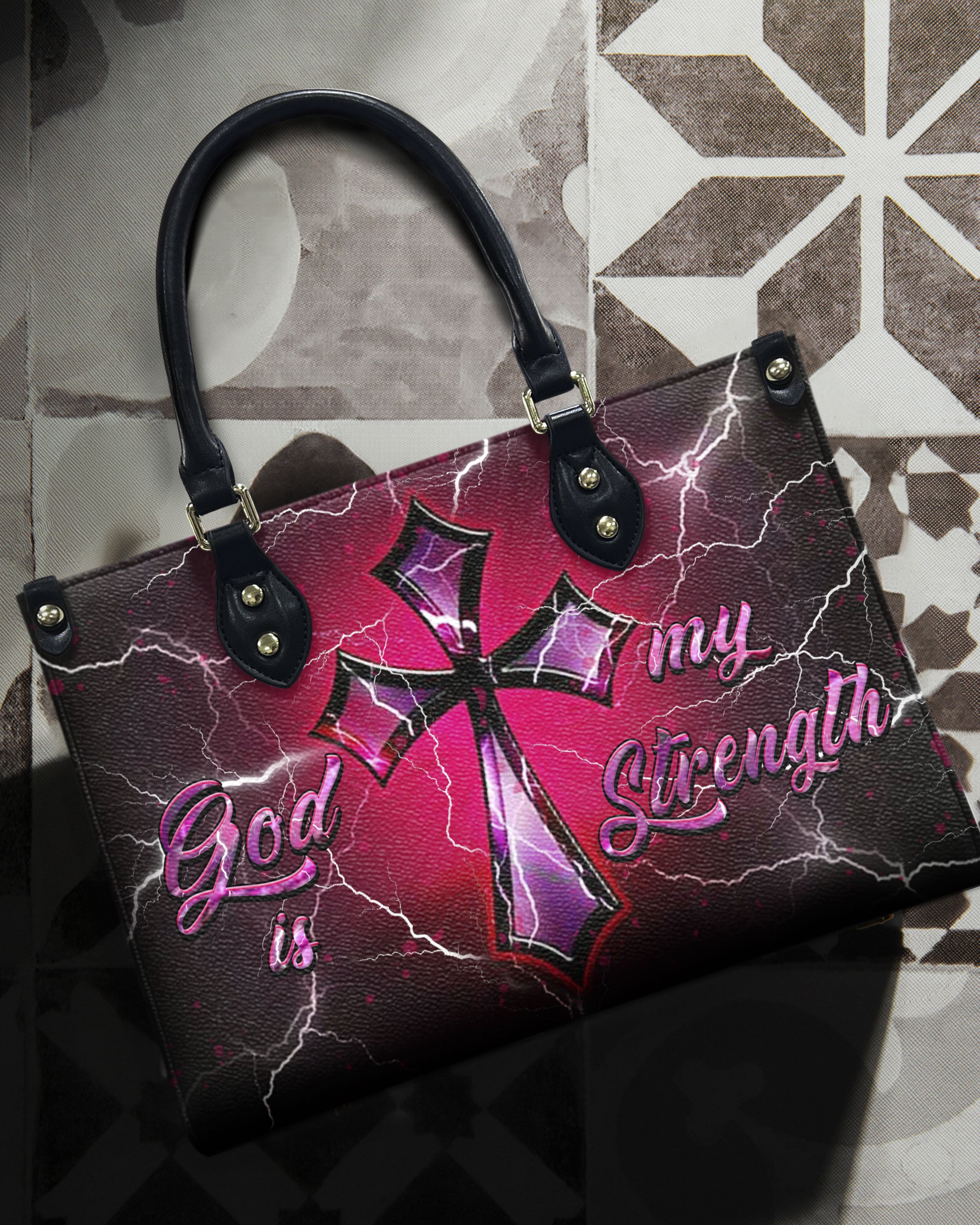 God Is My Strength Leather Handbag - Yhhn2009246