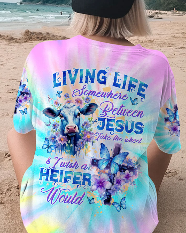 Living Life Somewhere Between Jesus Cow Women's All Over Print Shirt - Tltw1010232