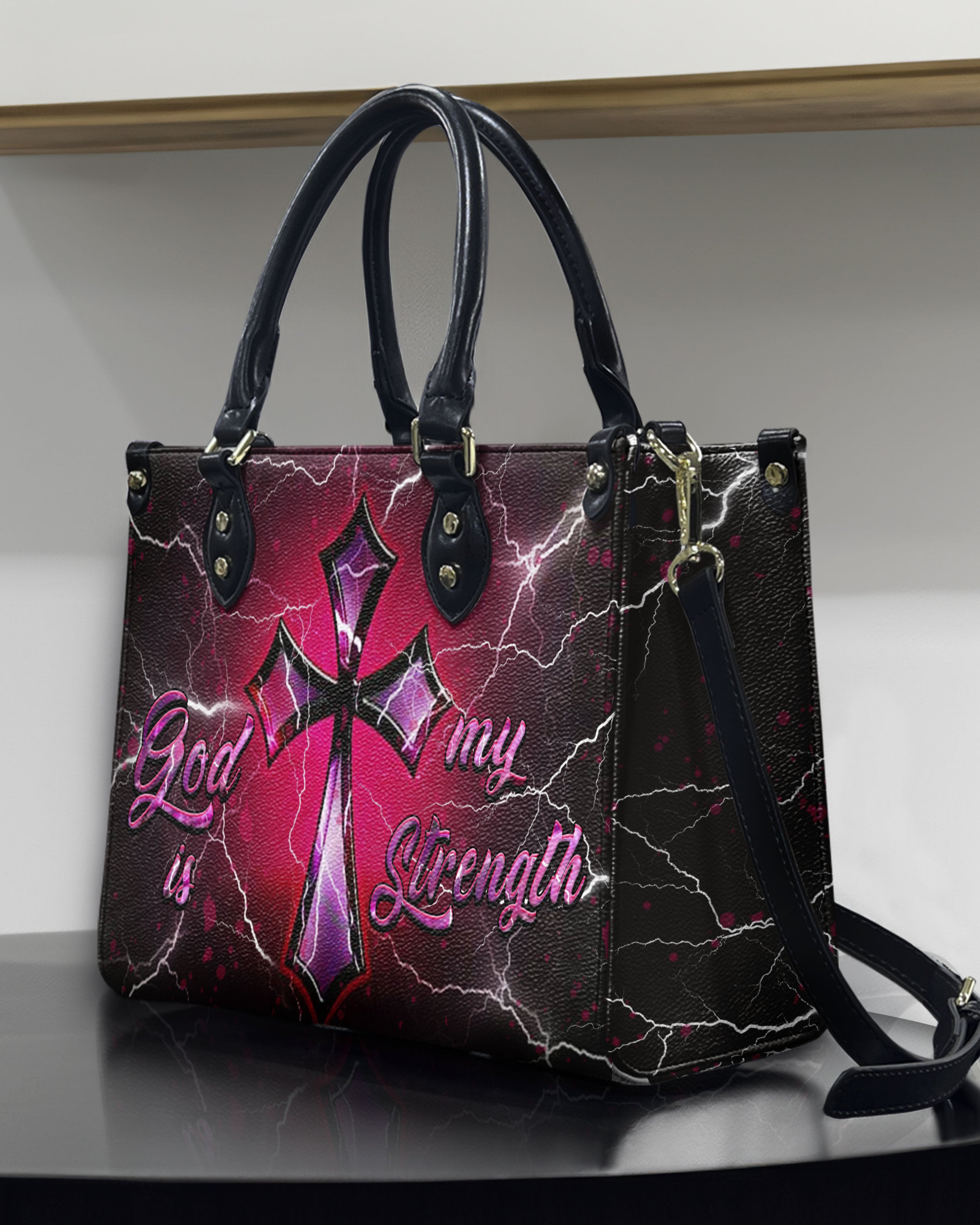 God Is My Strength Leather Handbag - Yhhn2009246