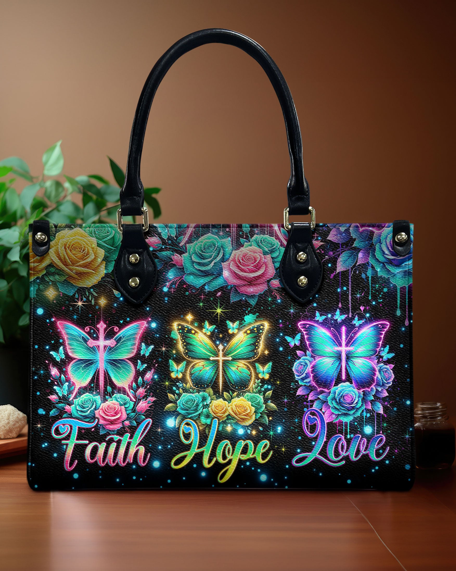 Faith Hope Love Butterfly Leather Handbag - Tlno2705243