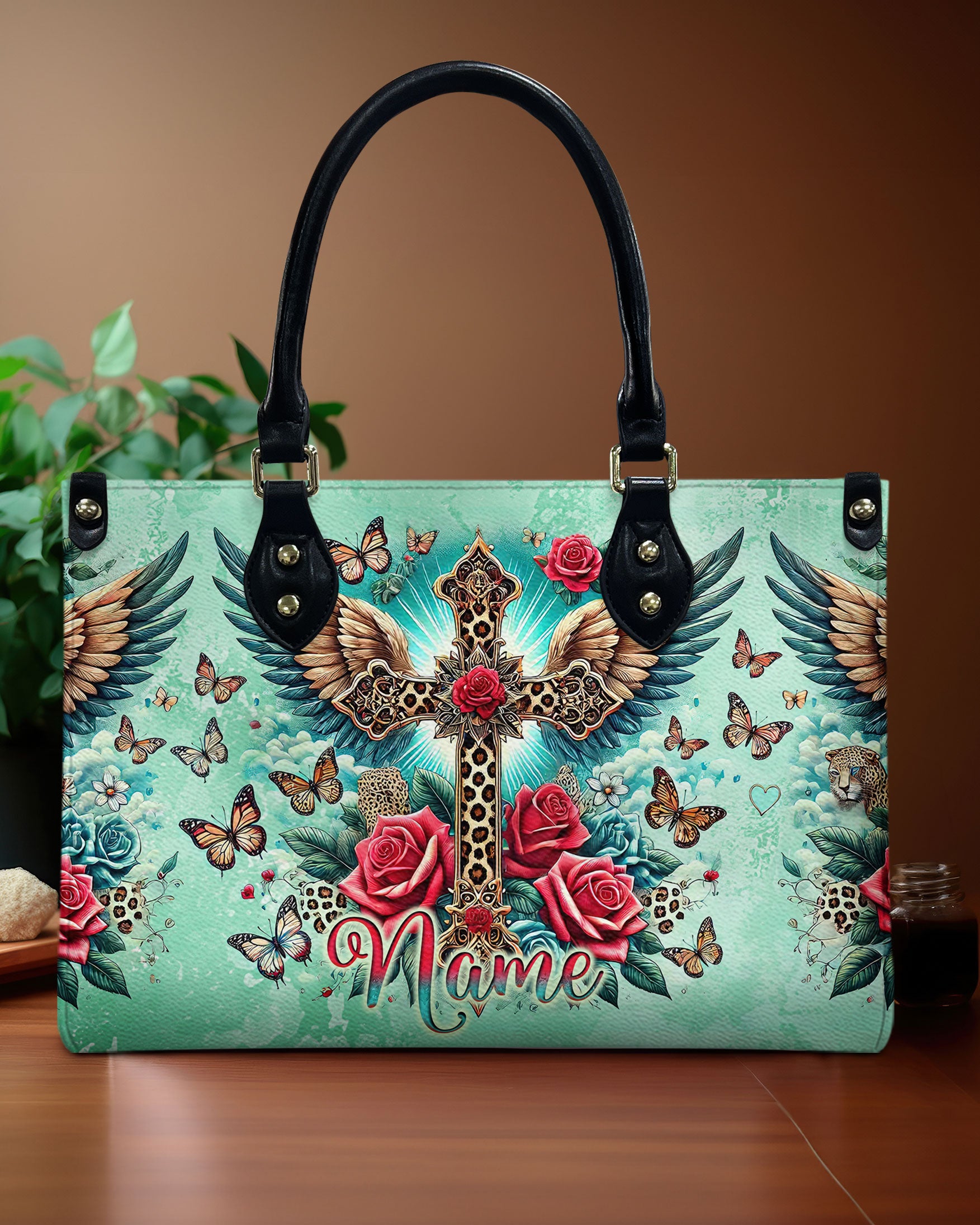 Cross Wings Roses Leather Handbag - Tlno2610244