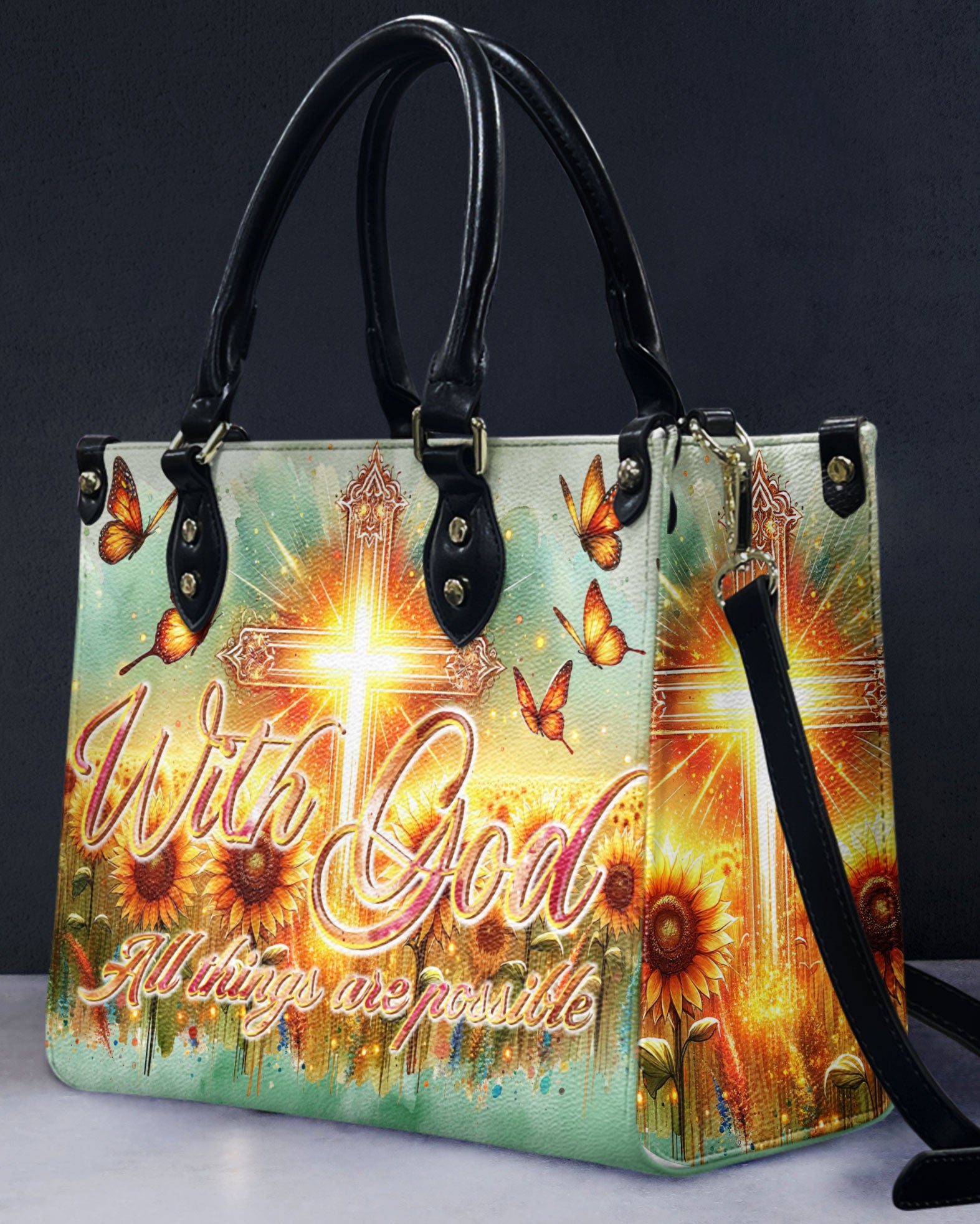 With God All Things Are Possible Sunflower Leather Handbag - Tltr1106242