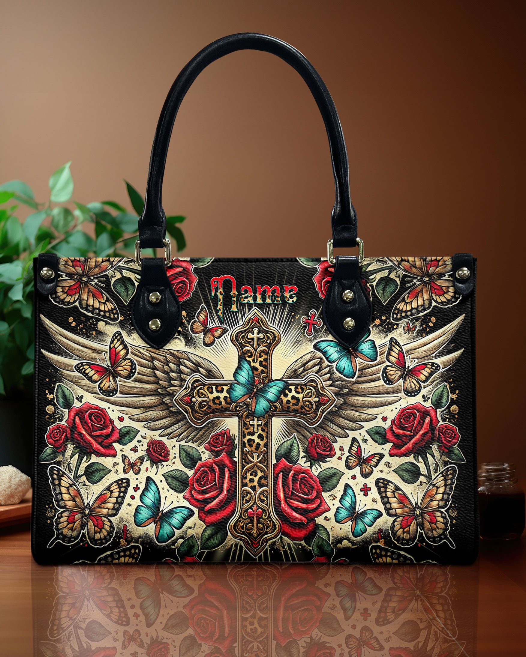 Cross Wings Red Rose Leather Handbag - Tlnt1508243