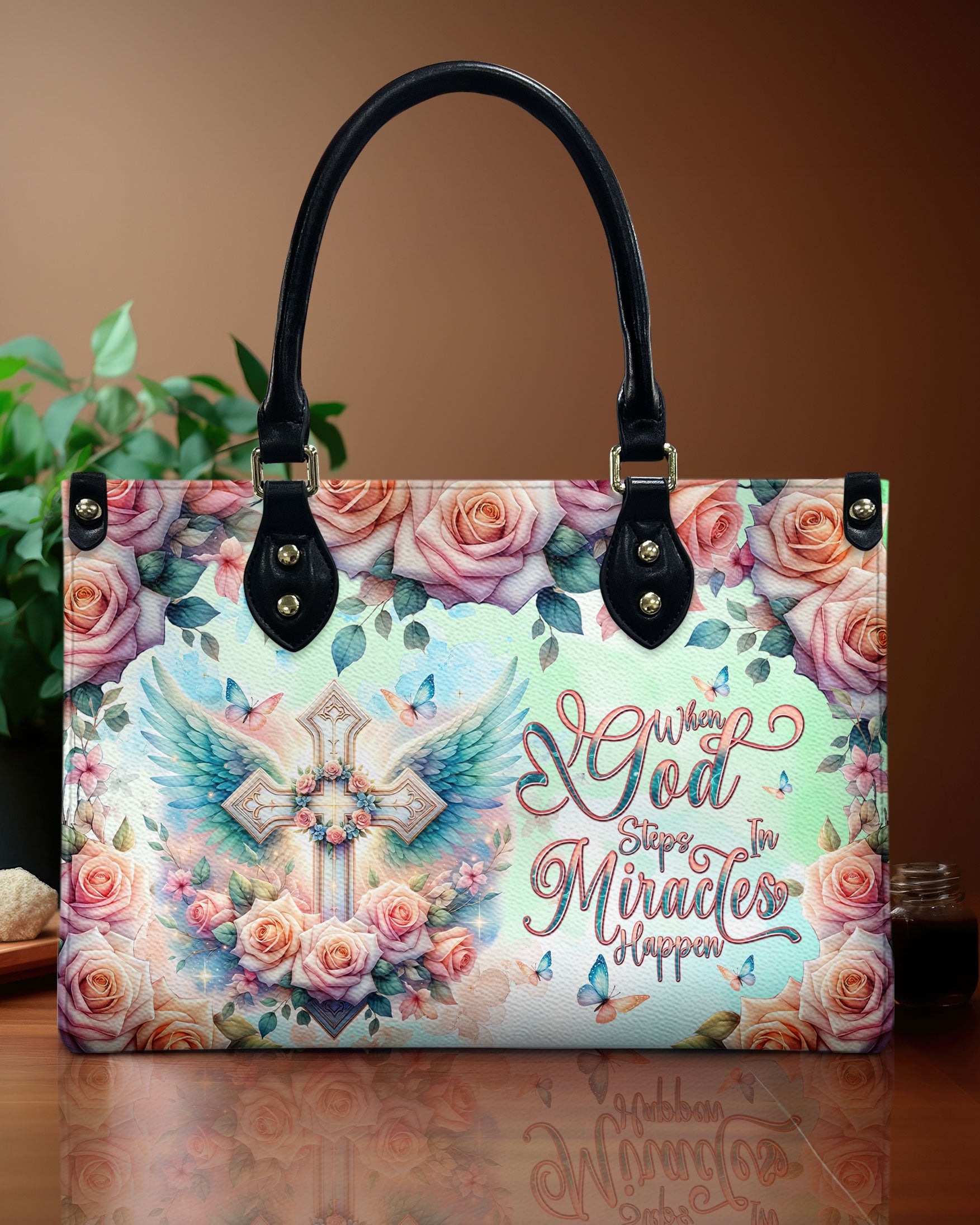 When God Steps In Miracles Happen Leather Handbag - Tlnt0509245