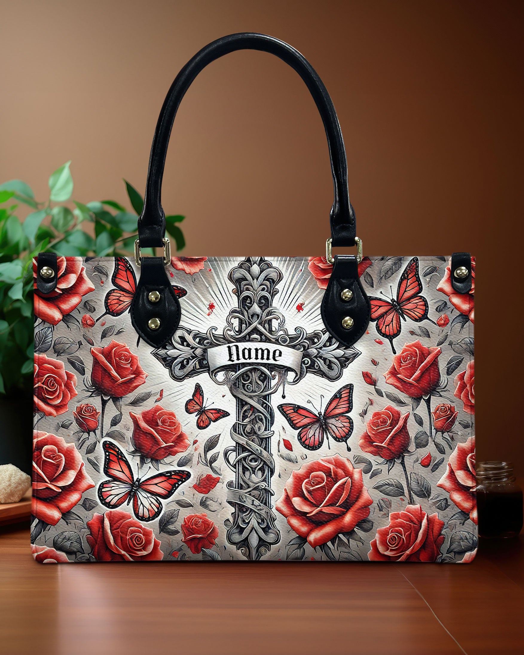 Cross Rose Butterfly Leather Handbag - Tlno1208243