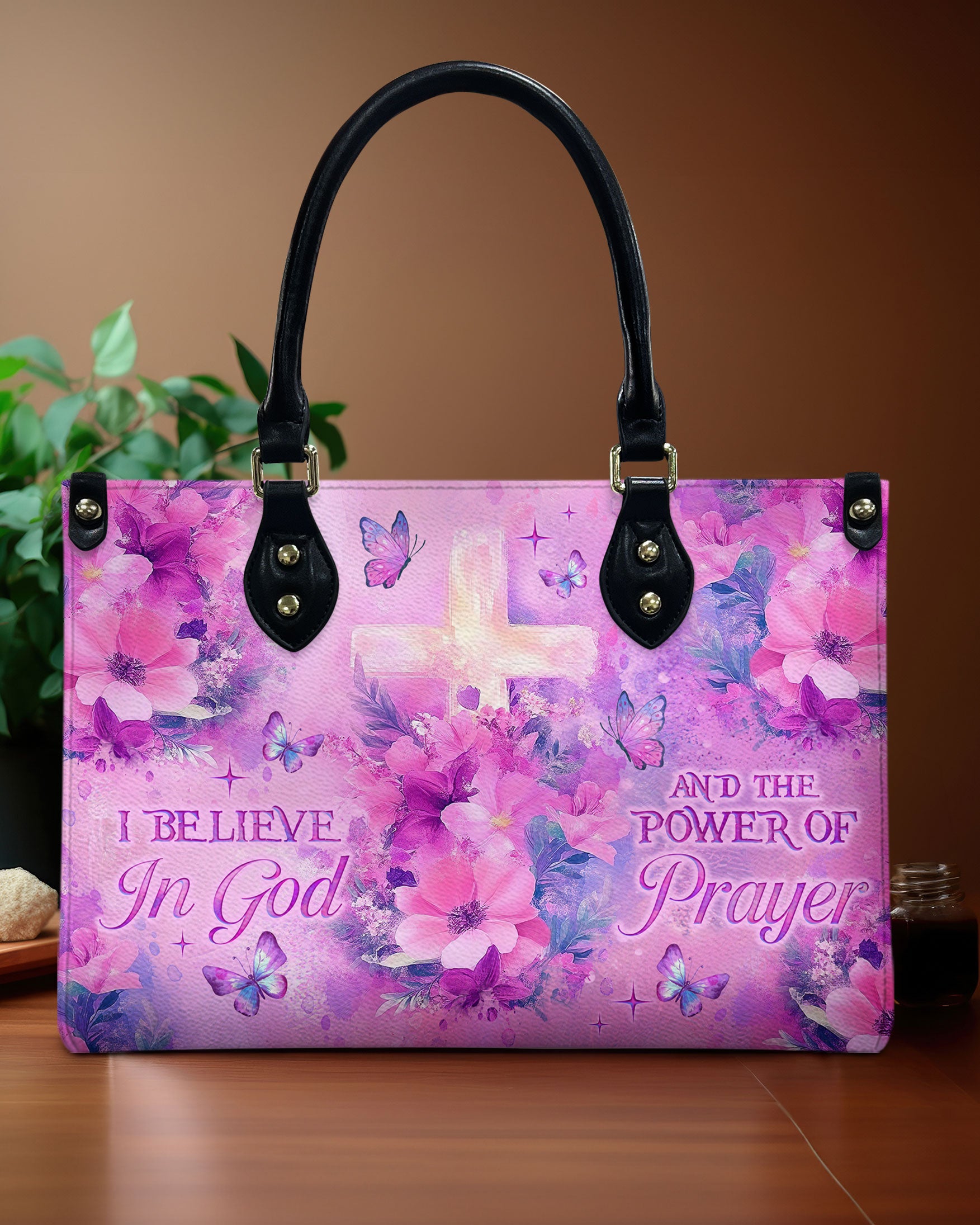 I Believe In God Flower Cross Leather Handbag - Tlno2012244