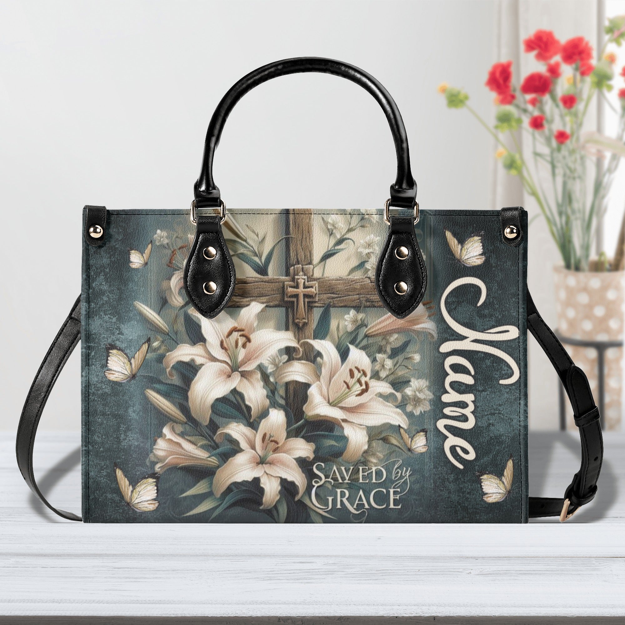 Saved By Grace Cross Lilies Leather Handbag - Tlnz0312243