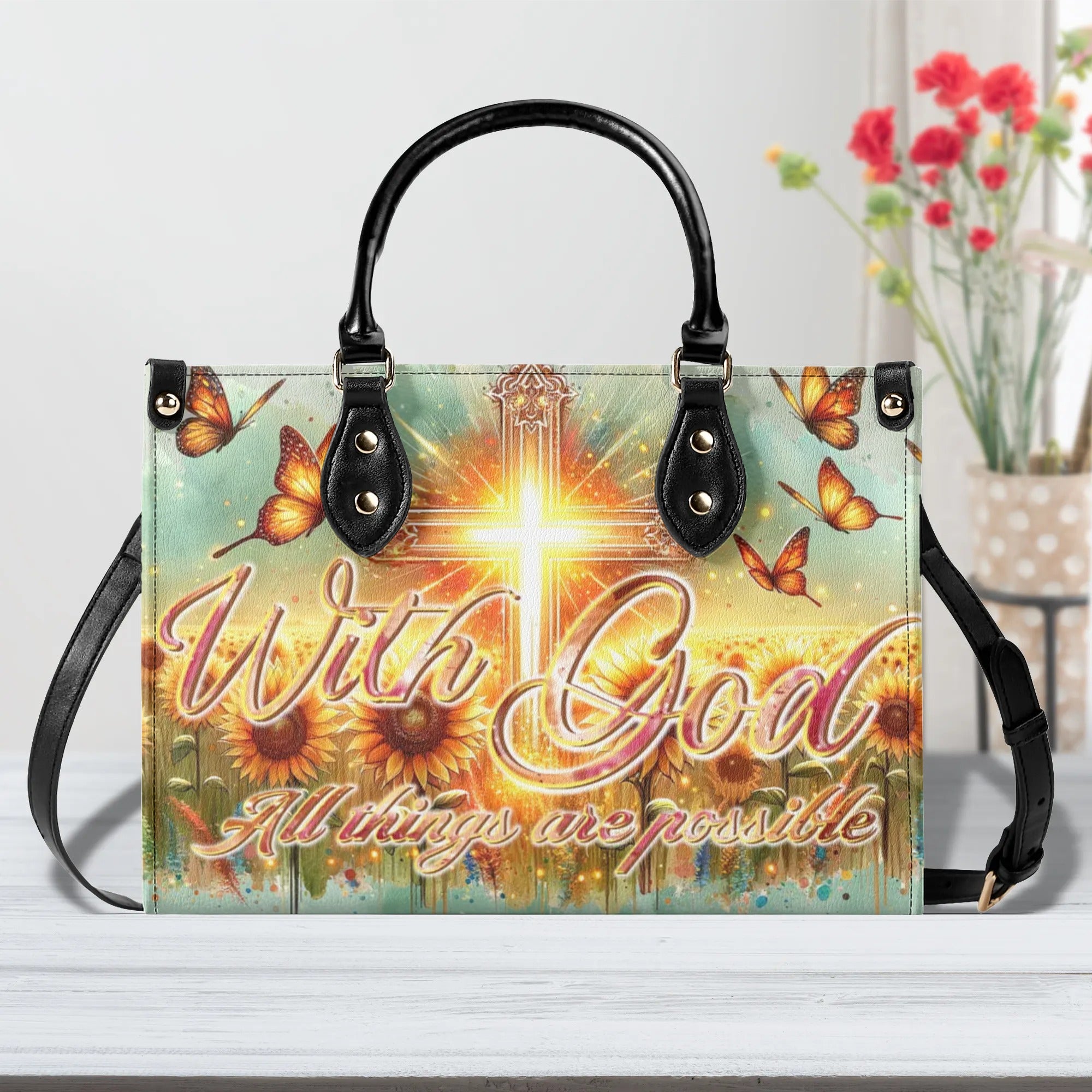 With God All Things Are Possible Sunflower Leather Handbag - Tltr1106242