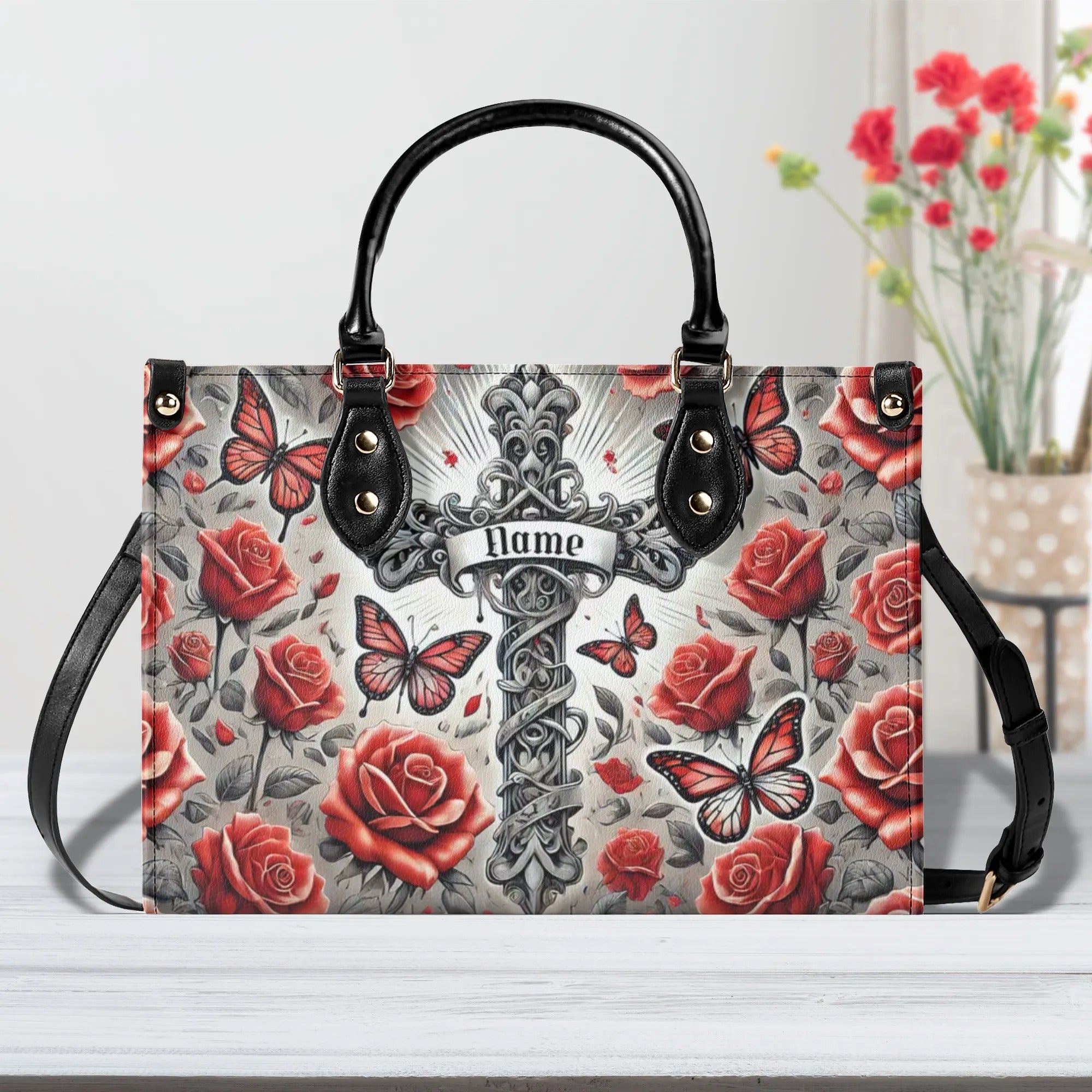 Cross Rose Butterfly Leather Handbag - Tlno1208243