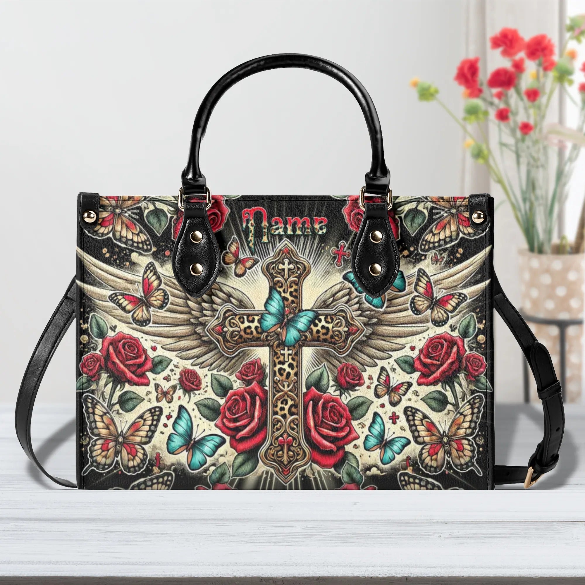 Cross Wings Red Rose Leather Handbag - Tlnt1508243