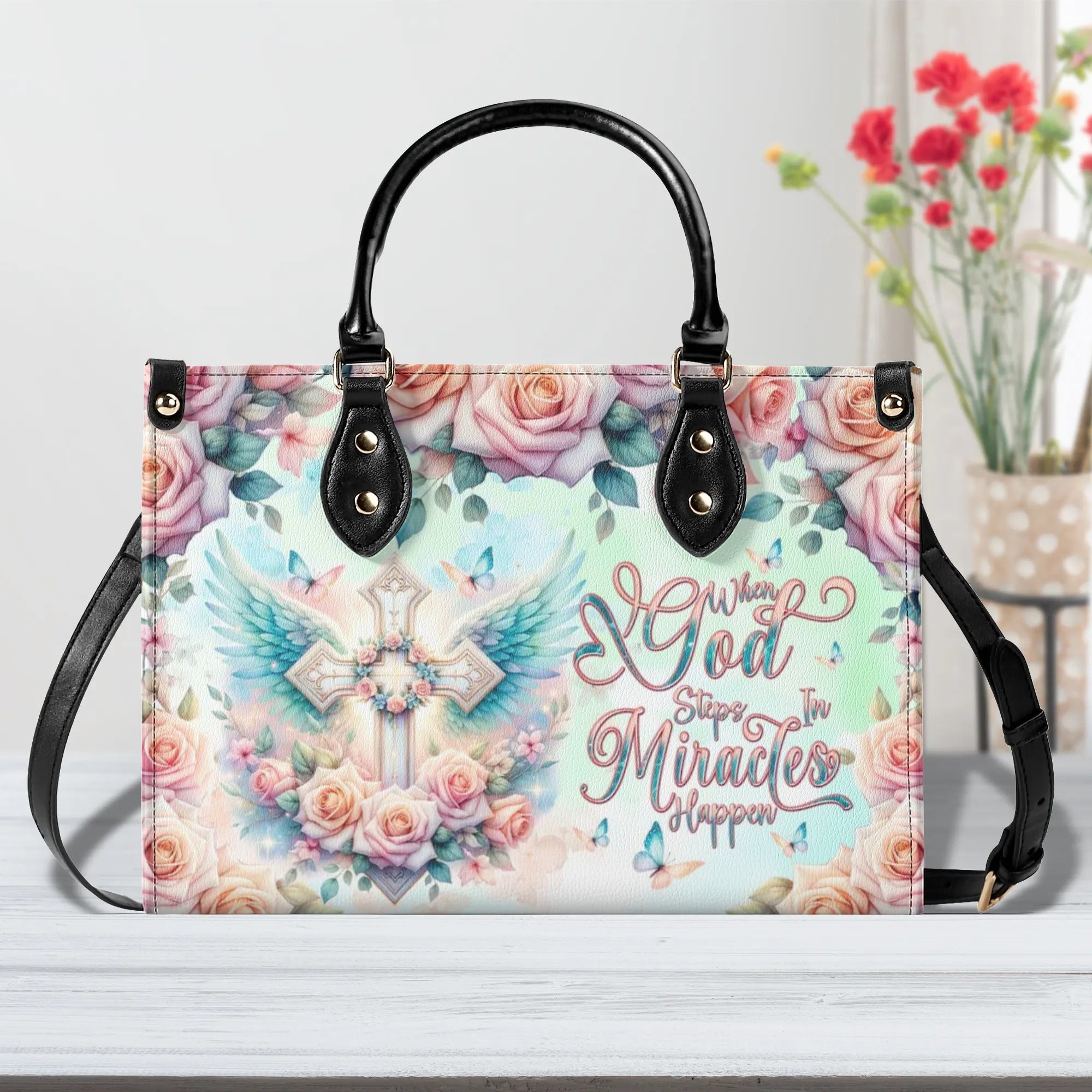 When God Steps In Miracles Happen Leather Handbag - Tlnt0509245