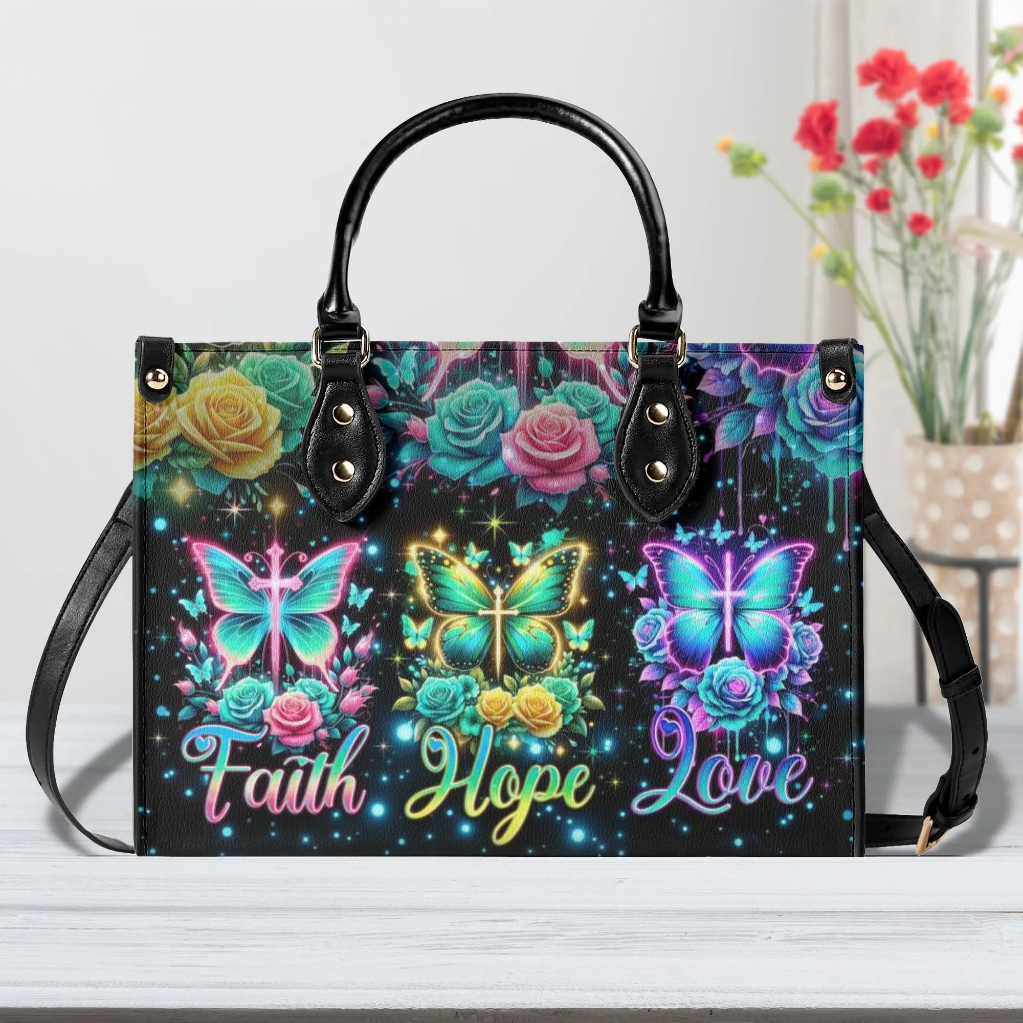 Faith Hope Love Butterfly Leather Handbag - Tlno2705243