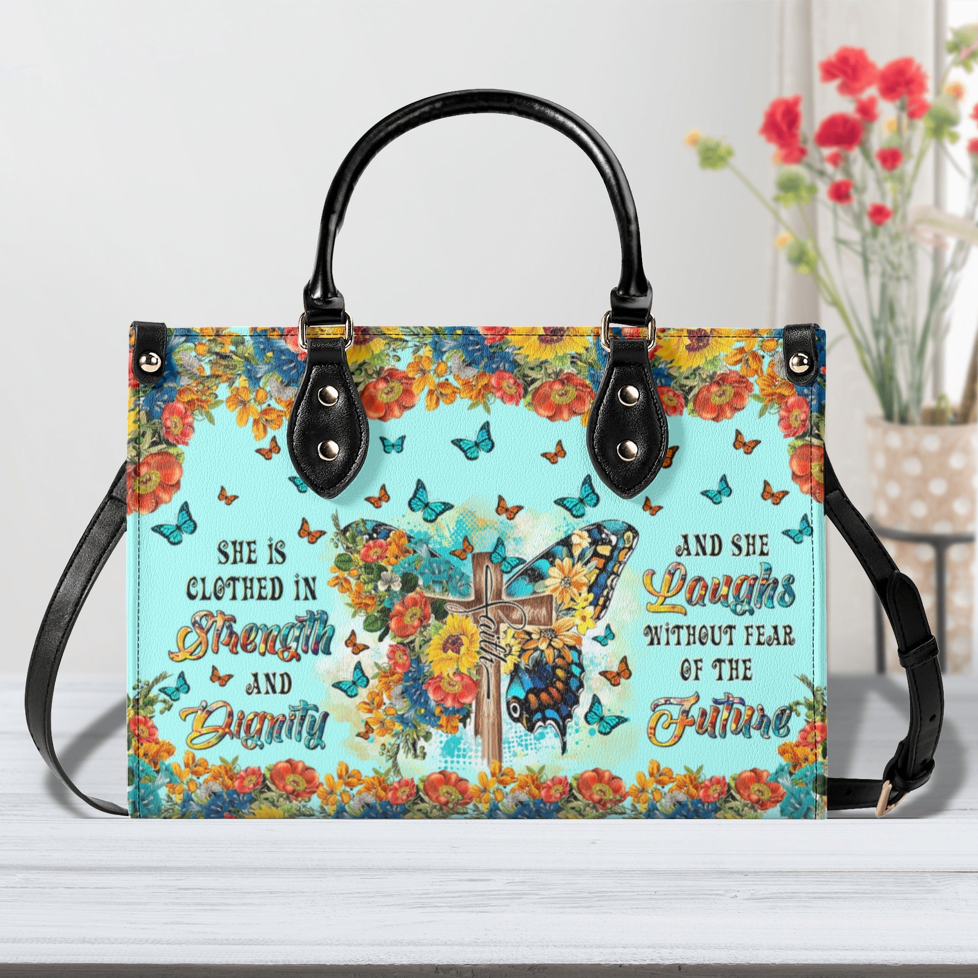 She Is Clothed In Strength And Dignity Butterfly Leather Handbag - Tltr2211244