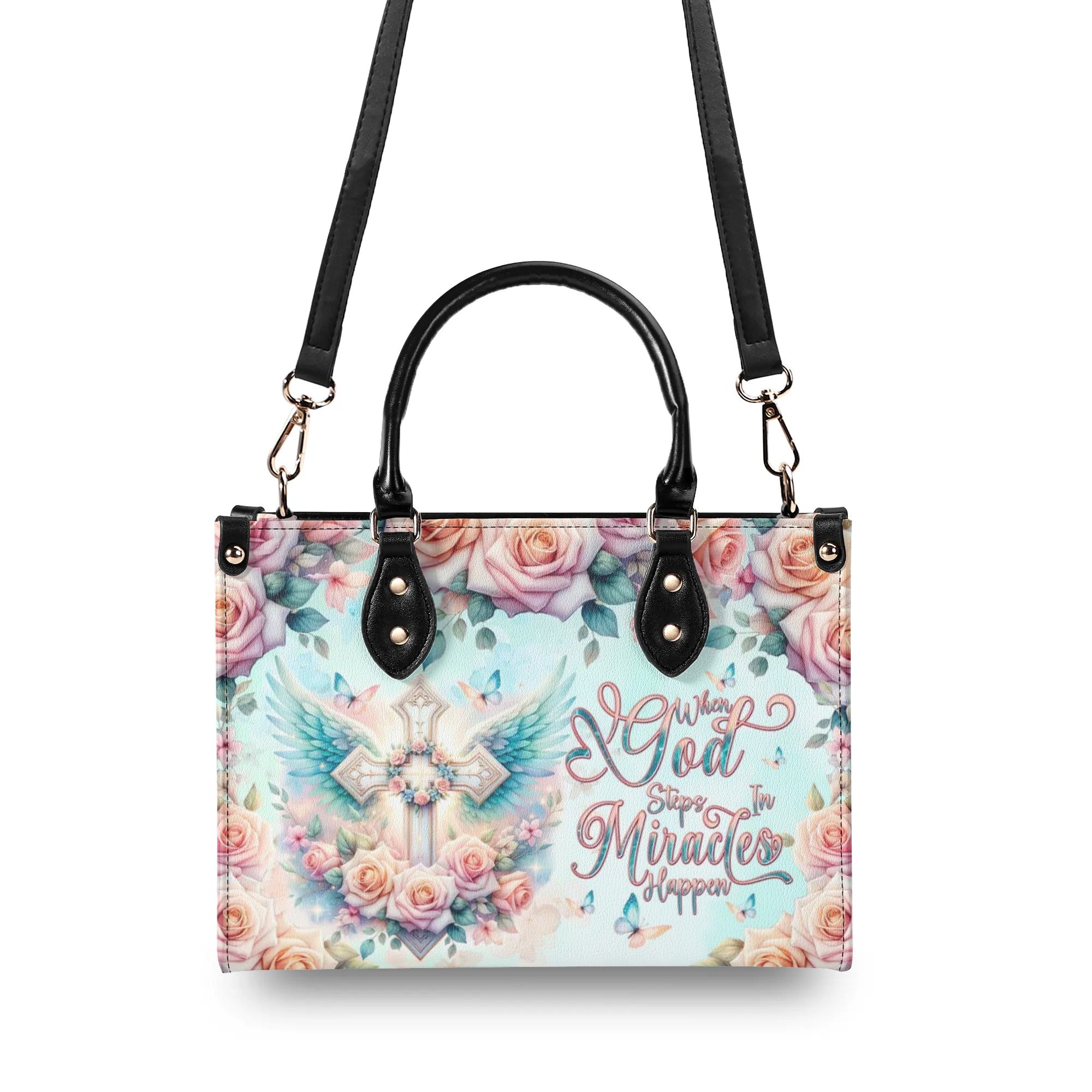 When God Steps In Miracles Happen Leather Handbag - Tlnt0509245