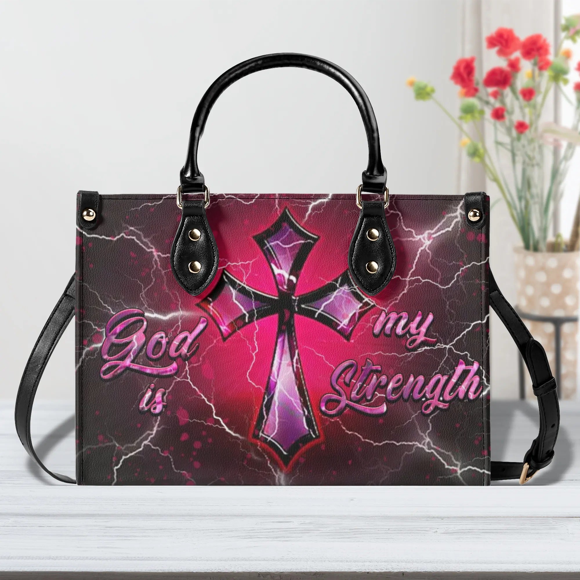 God Is My Strength Leather Handbag - Yhhn2009246