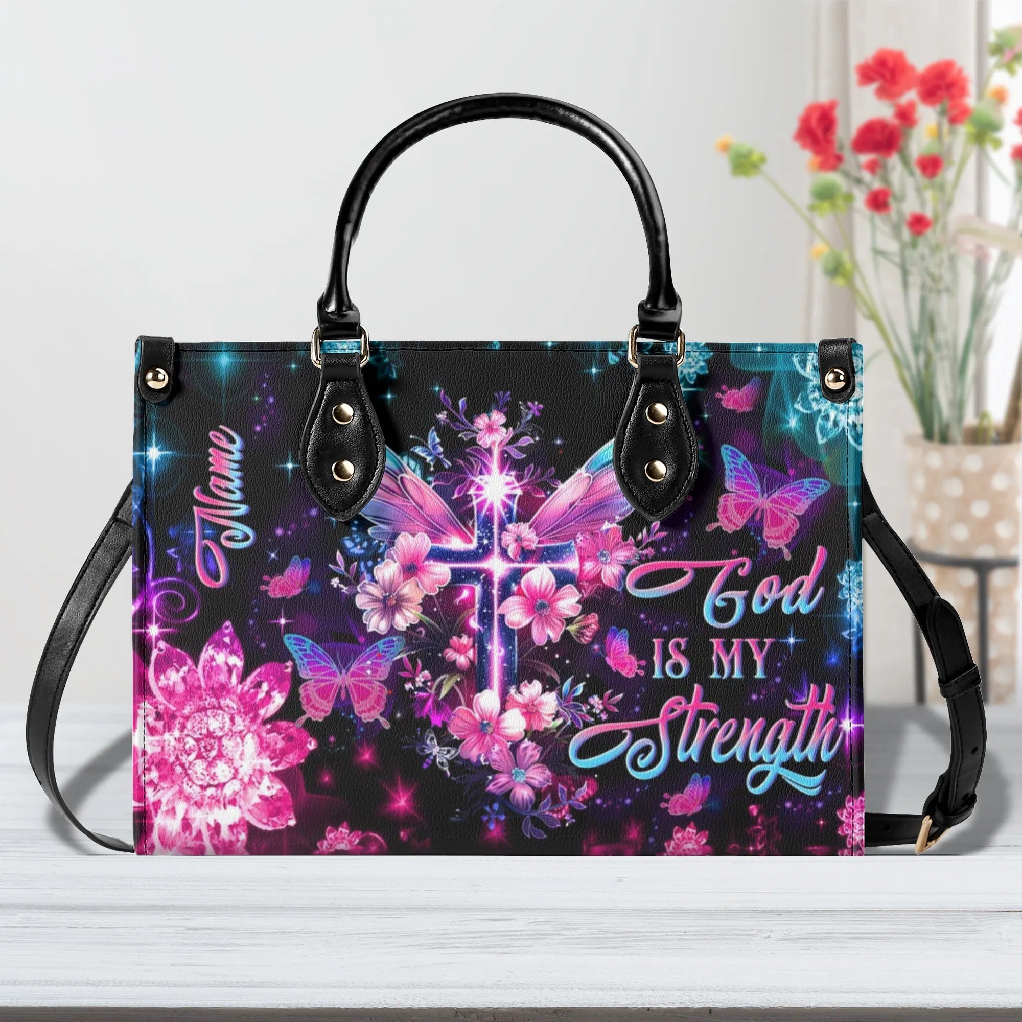 God Is My Strength Leather Handbag - Yhln1608244