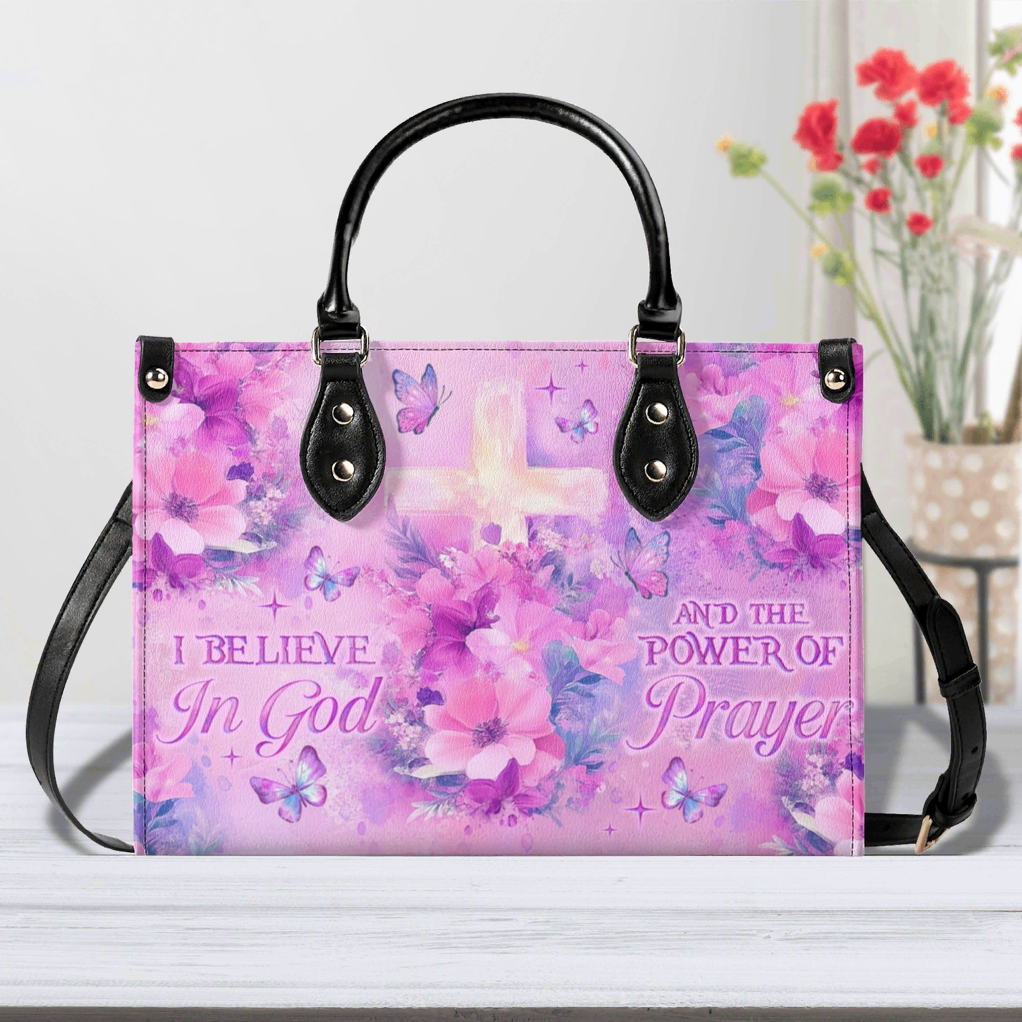 I Believe In God Flower Cross Leather Handbag - Tlno2012244