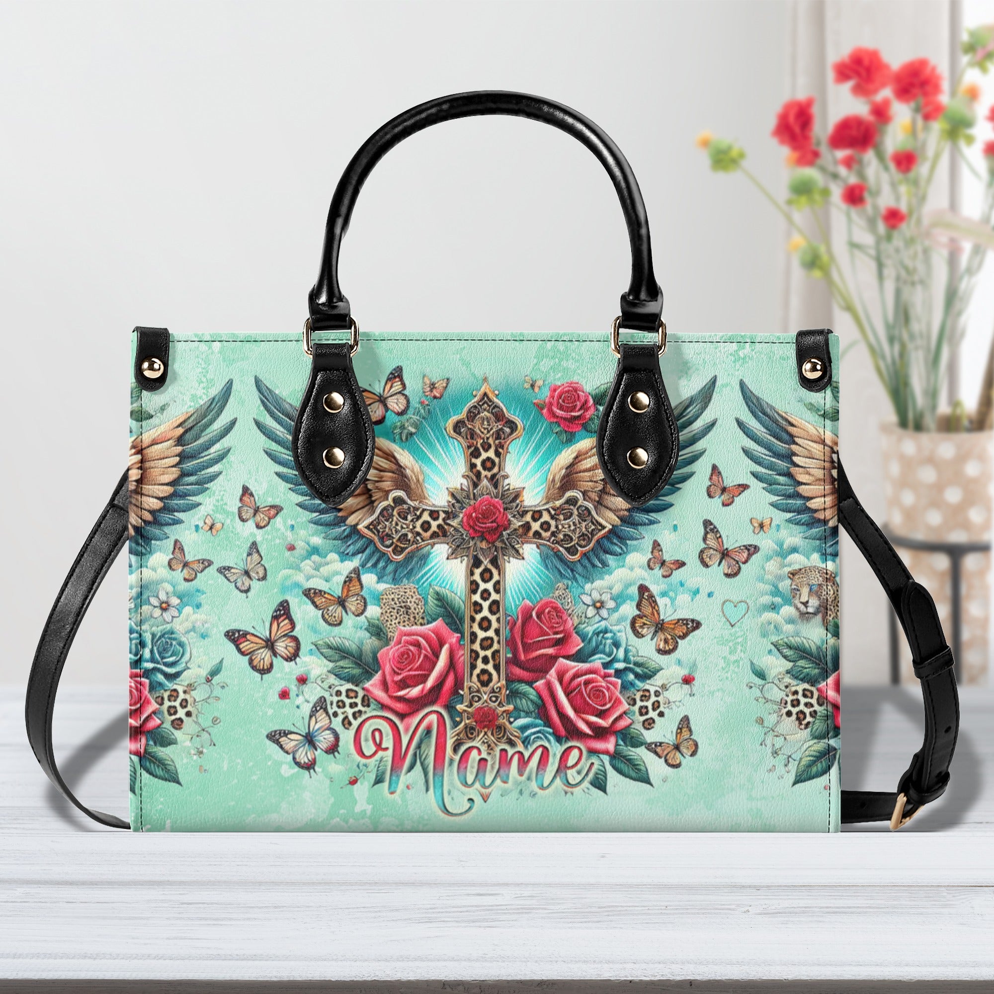 Cross Wings Roses Leather Handbag - Tlno2610244