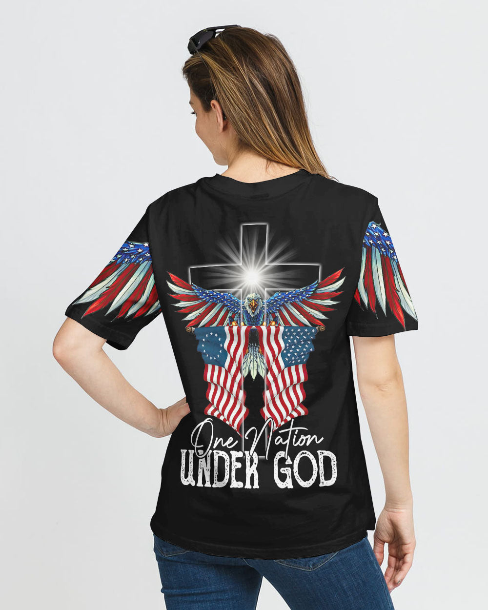 One Nation Under God Eagle With America Flag Women's Christian Tshirt