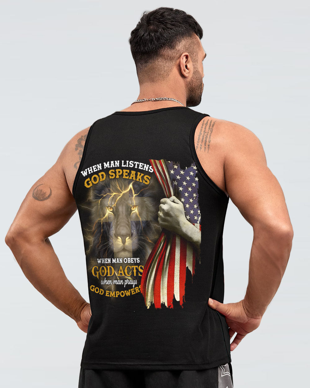 When Man Listens God Speaks Lion Flag Men's Christian Tanks