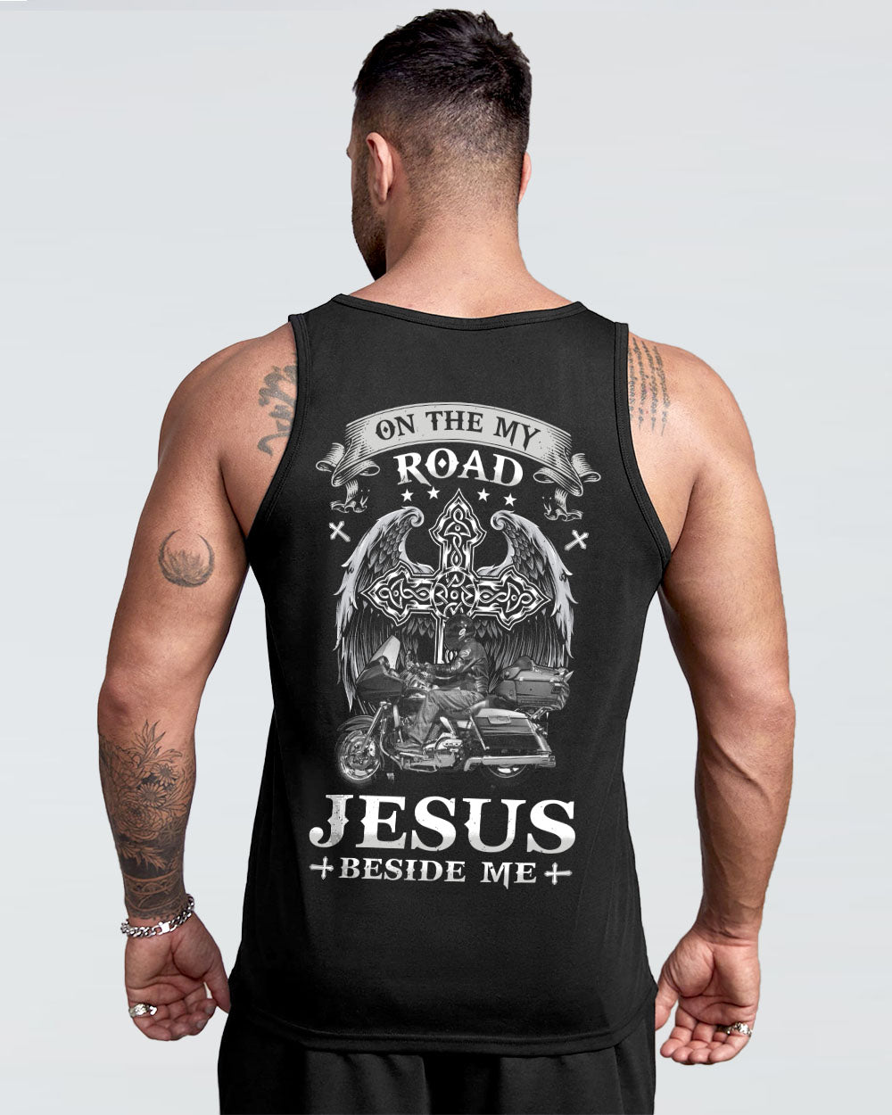 On The My Road Jesus Beside Me Biker Men's Christian Tanks