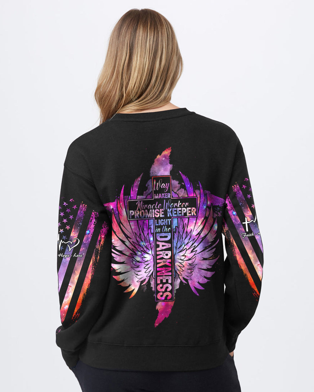 Way Maker Miracle Worker Galaxy Wings Cross Women's Christian Sweatshirt