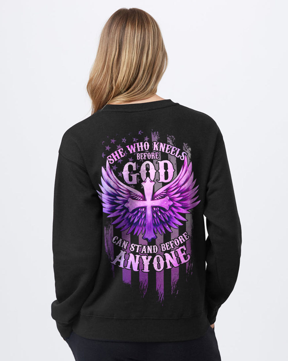 She Who Knees Before God Can Stand Before Anyone Cross Flag Wings Women's Christian Sweatshirt