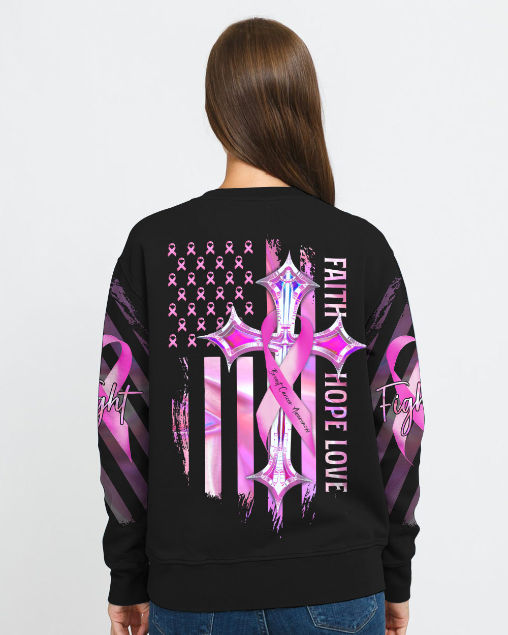 Faith Hope Love Cross Cancer Pink Holo Ribbons Flag Women's Breast Cancer Awareness Sweatshirt