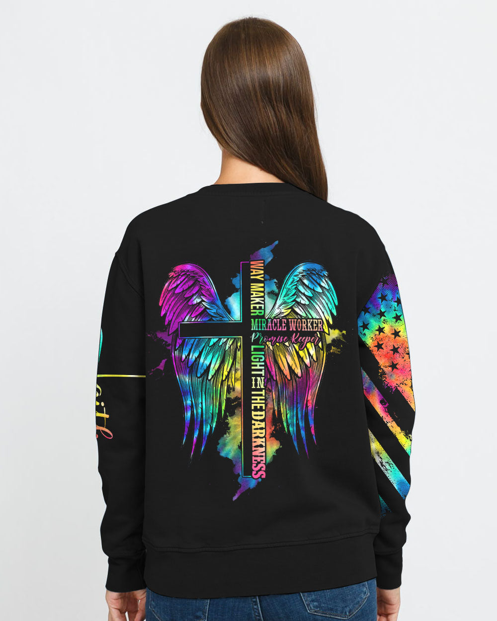 Way Maker Miracle Worker Cross Wings Tie Dye Women's Christian Sweatshirt