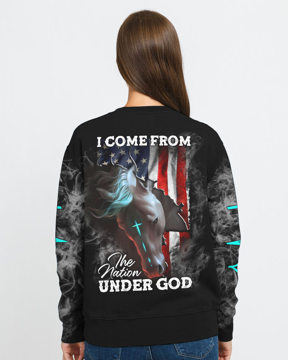 I Come From The Nation Under God Horse Flag Smoke Women's Christian Sweatshirt