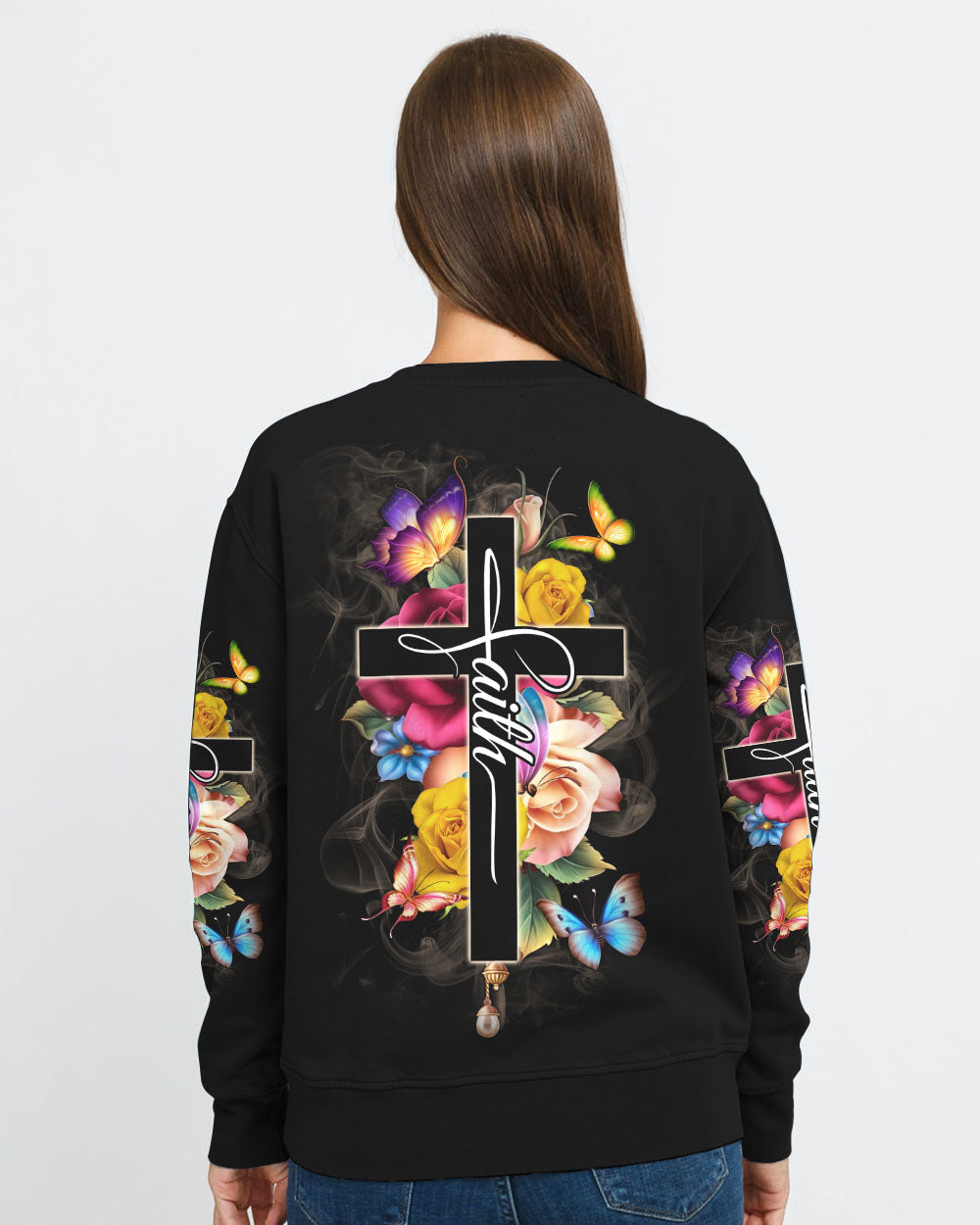 Faith Flowers Cross Butterfly Smoke Women's Christian Sweatshirt