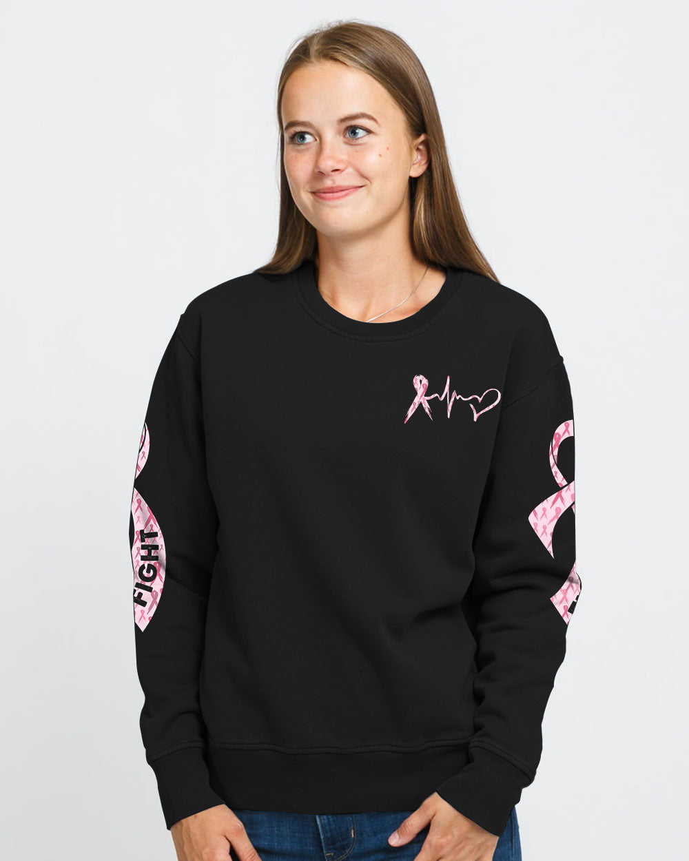 In This Family No One Fights Alone Pink Ribbon Flag Women's Breast Cancer Awareness Sweatshirt