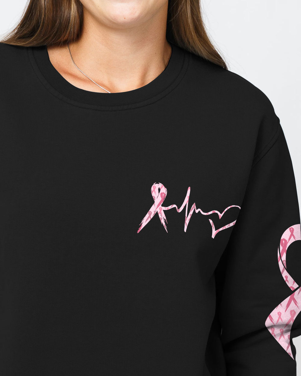 In This Family No One Fights Alone Pink Ribbon Flag Women's Breast Cancer Awareness Sweatshirt