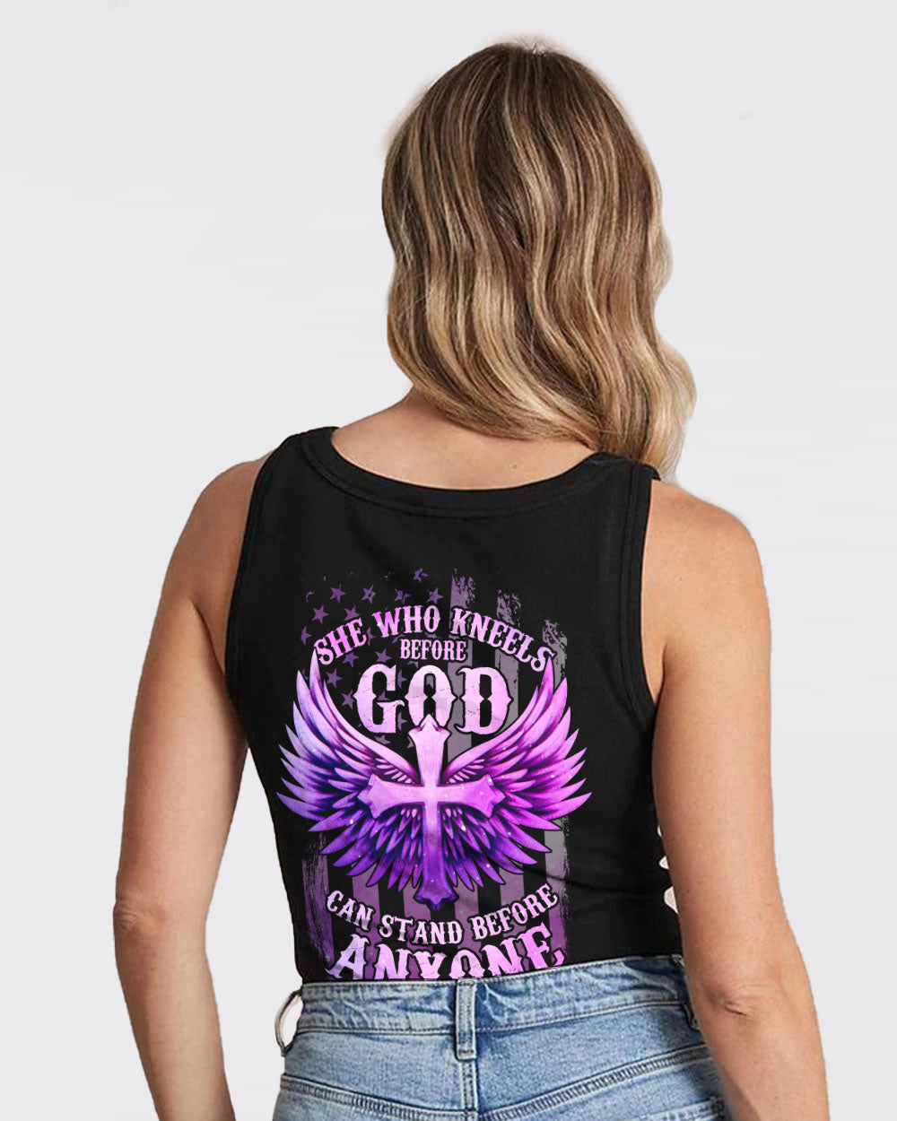 She Who Knees Before God Can Stand Before Anyone Cross Flag Wings Women's Christian Tanks