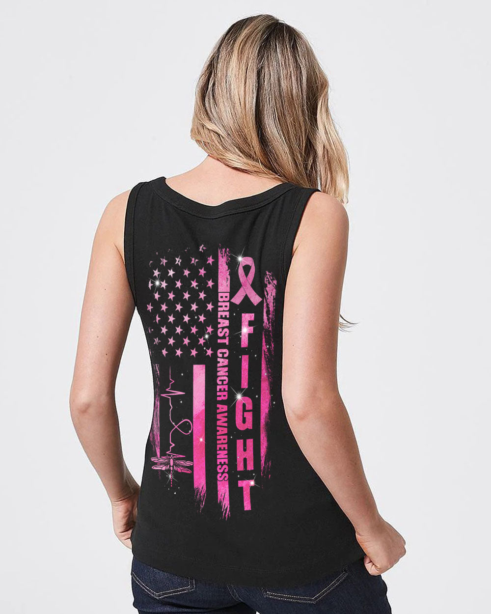 Fight Flag Dragonfly Heart Women's Breast Cancer Awareness Tanks