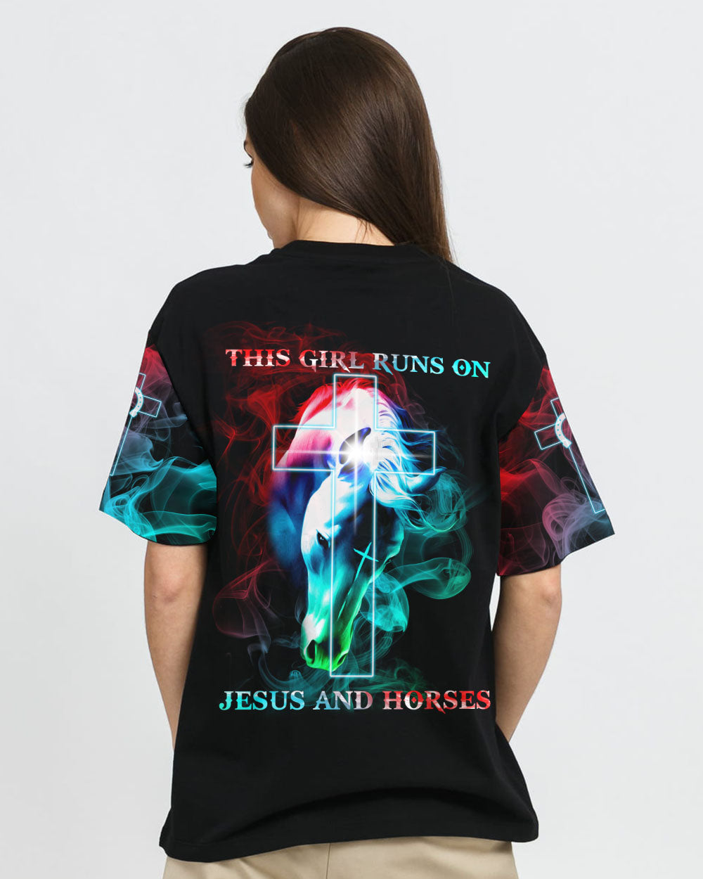 This Girl Runs On Jesus And Horse Colorful Smoke Women's Christian Tshirt