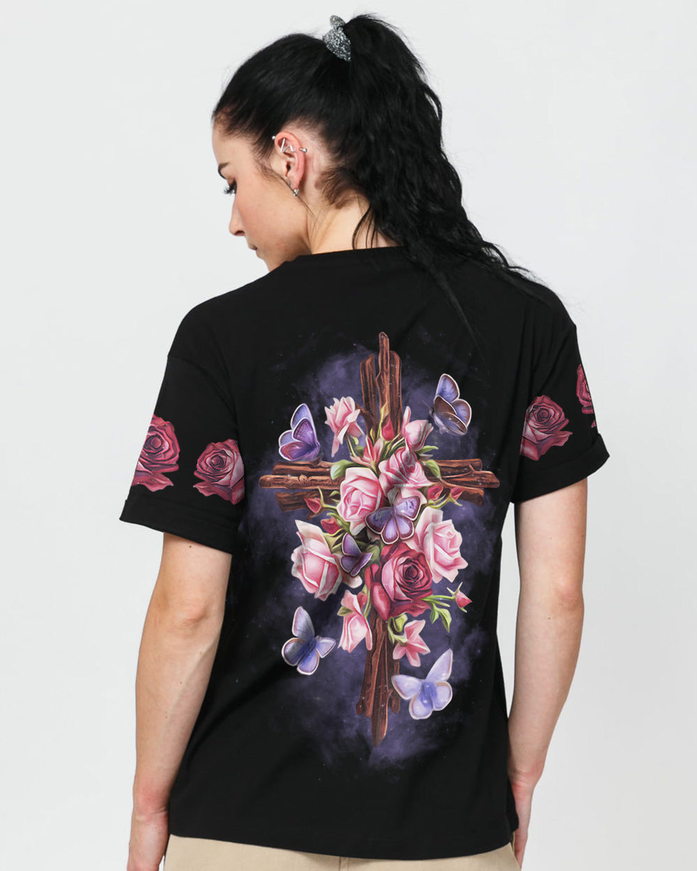 Rose Wood Cross Butterfly Women's Christian Tshirt