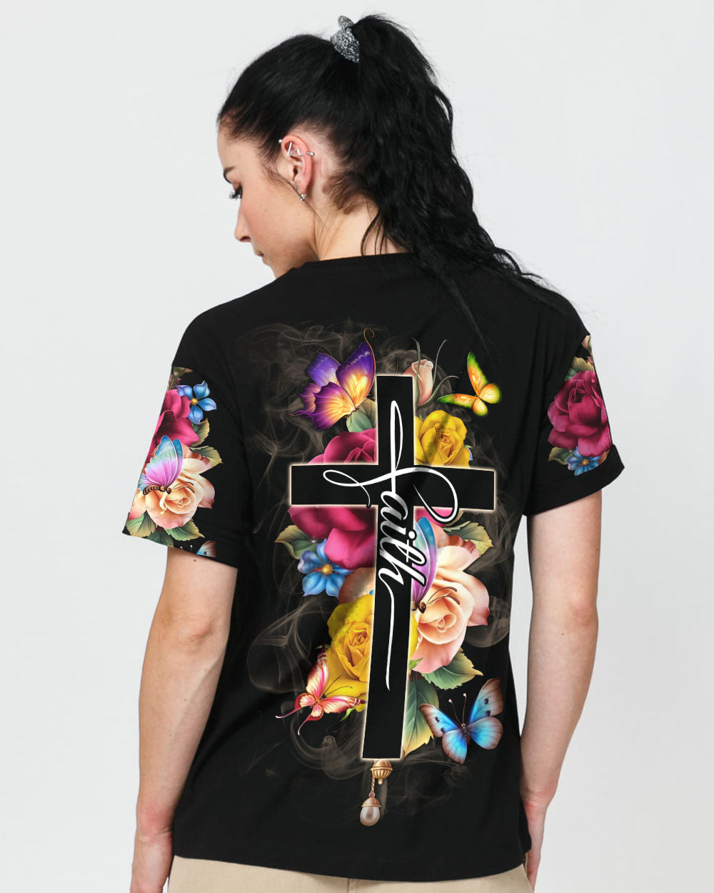 Faith Flowers Cross Butterfly Smoke Women's Christian Tshirt