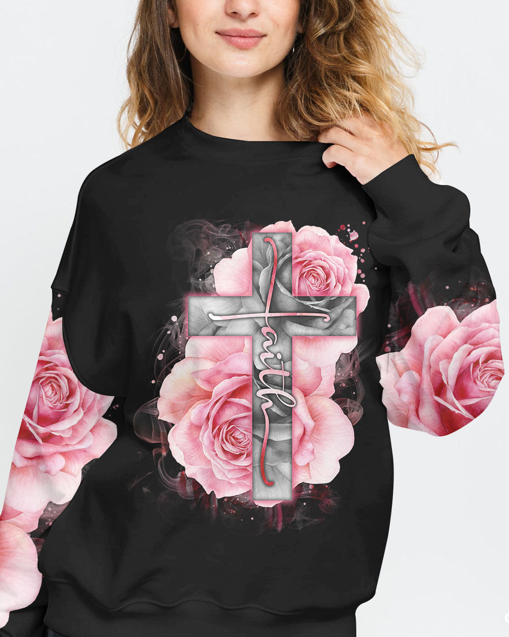 Light Pink Cross Roses Smoke Women's Christian Sweatshirt