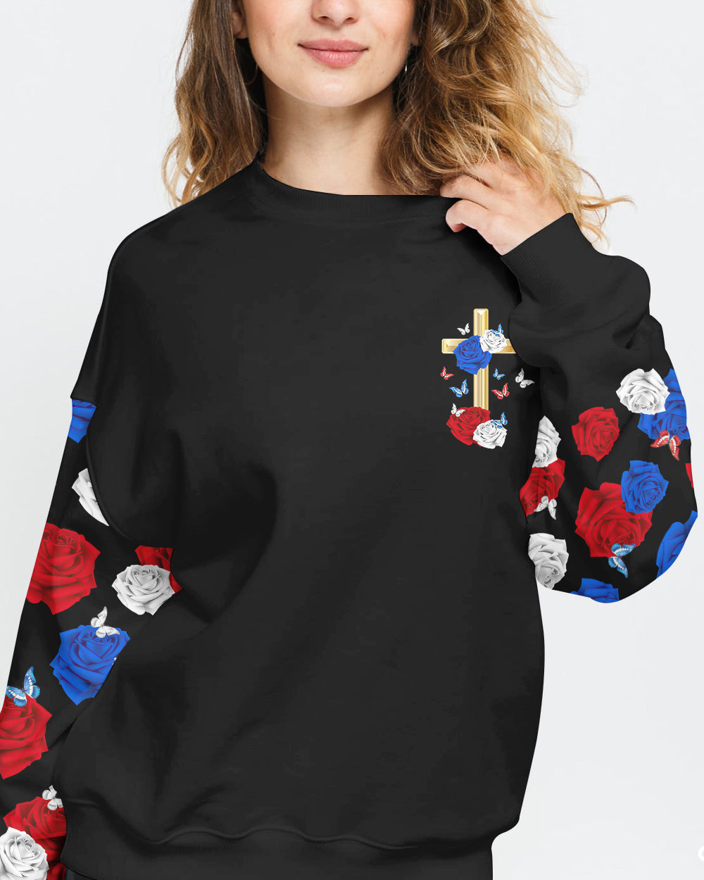 Faith Hope Love Red White Blue Rose Women's Christian Sweatshirt