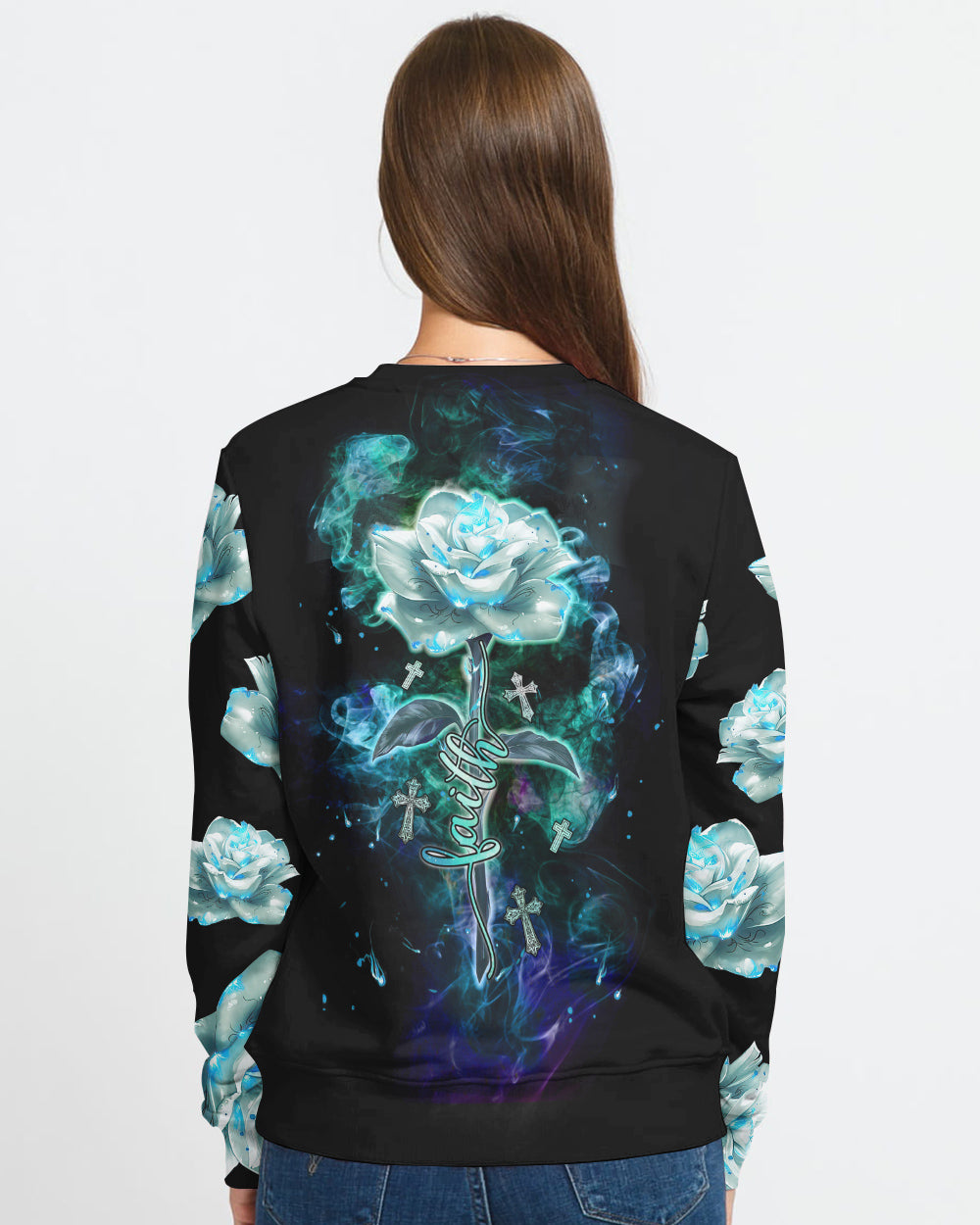 Faith Fire Rose Cross Light Smoke Women's Christian Sweatshirt