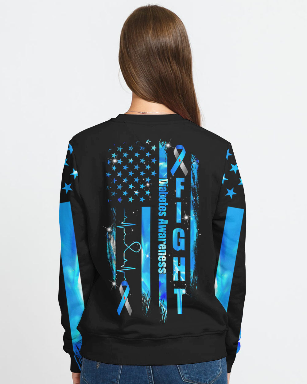 Blue Ribbon Flag Hear Beat Women's Diabetes Awareness Sweatshirt