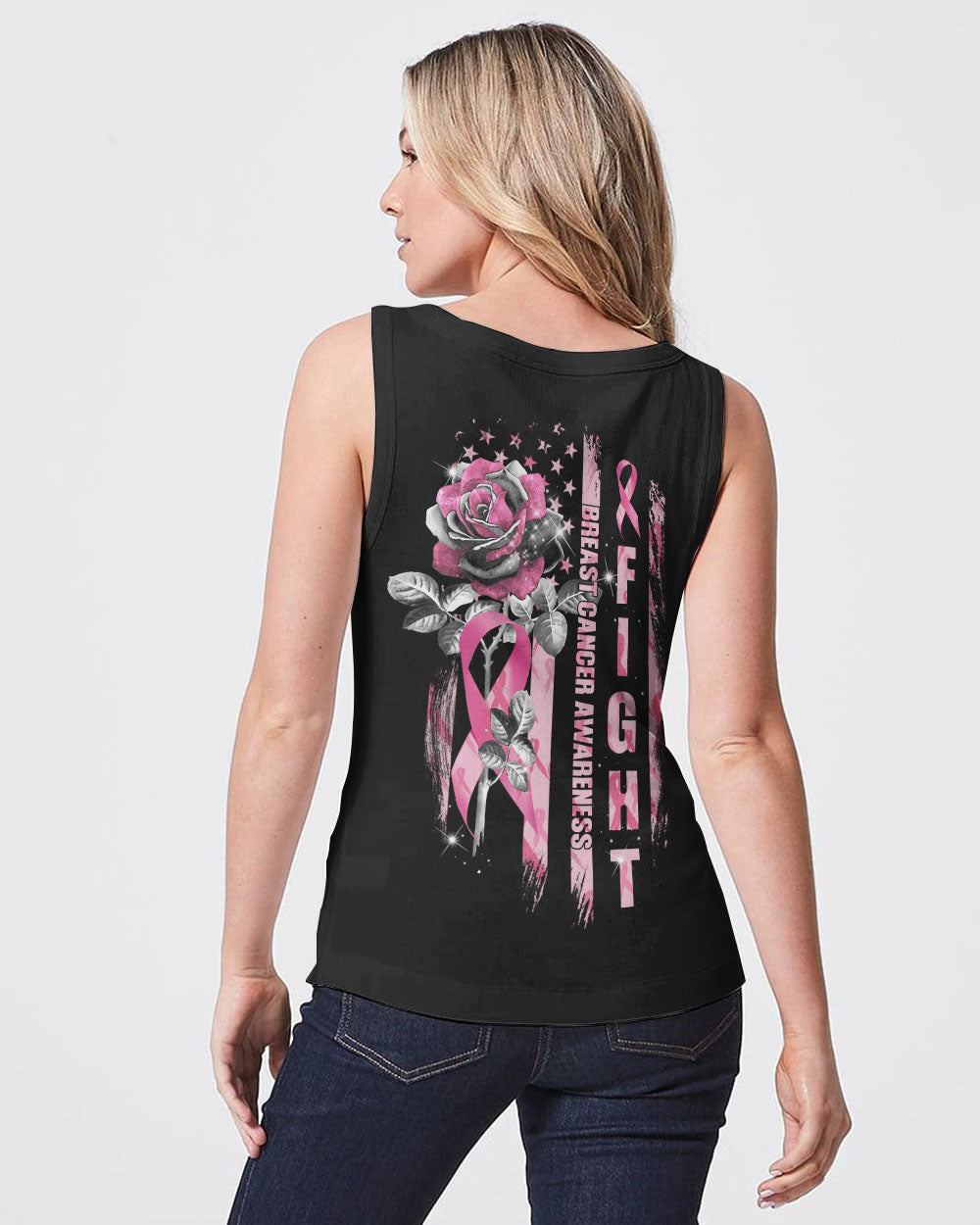 Pink Rose Ribbon Flag Women's Breast Cancer Awareness Tanks