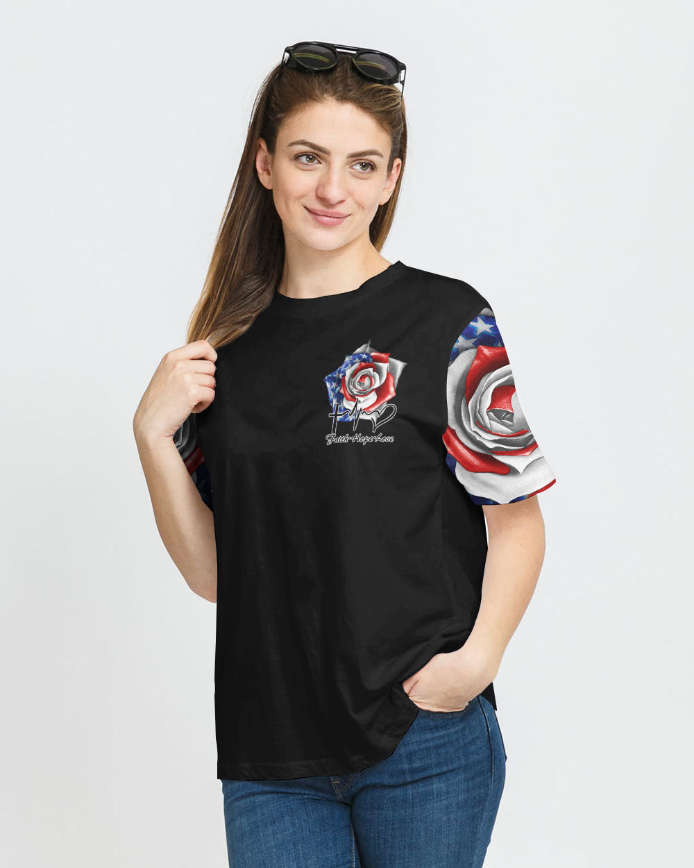 One Nation Under God Rose American Flag Women's Christian Tshirt