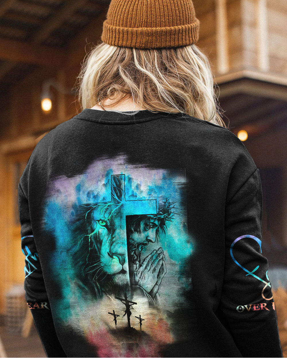 Jesus Lion Cross Colorful Watercolor Women's Christian Sweatshirt