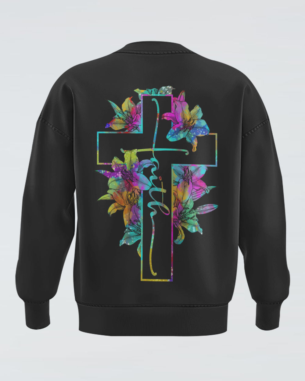 Cross With Lilies Colorful Watercolor Women's Christian Sweatshirt