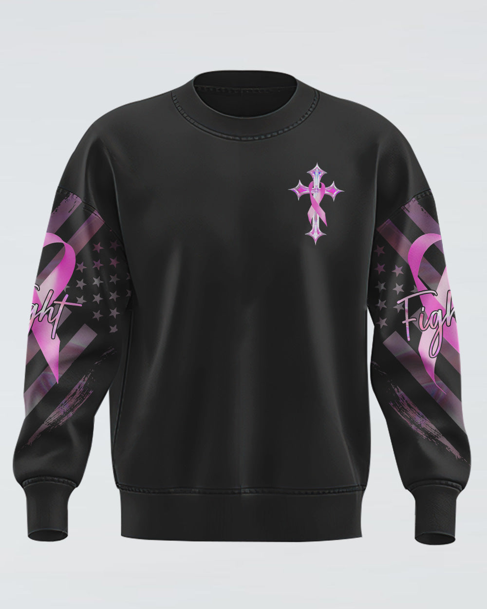 Faith Hope Love Cross Cancer Pink Holo Ribbons Flag Women's Breast Cancer Awareness Sweatshirt